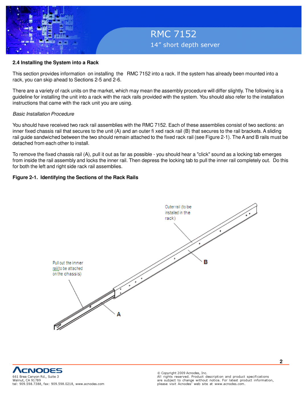 Acnodes RMC 7152 specifications Installing the System into a Rack, Identifying the Sections of the Rack Rails 