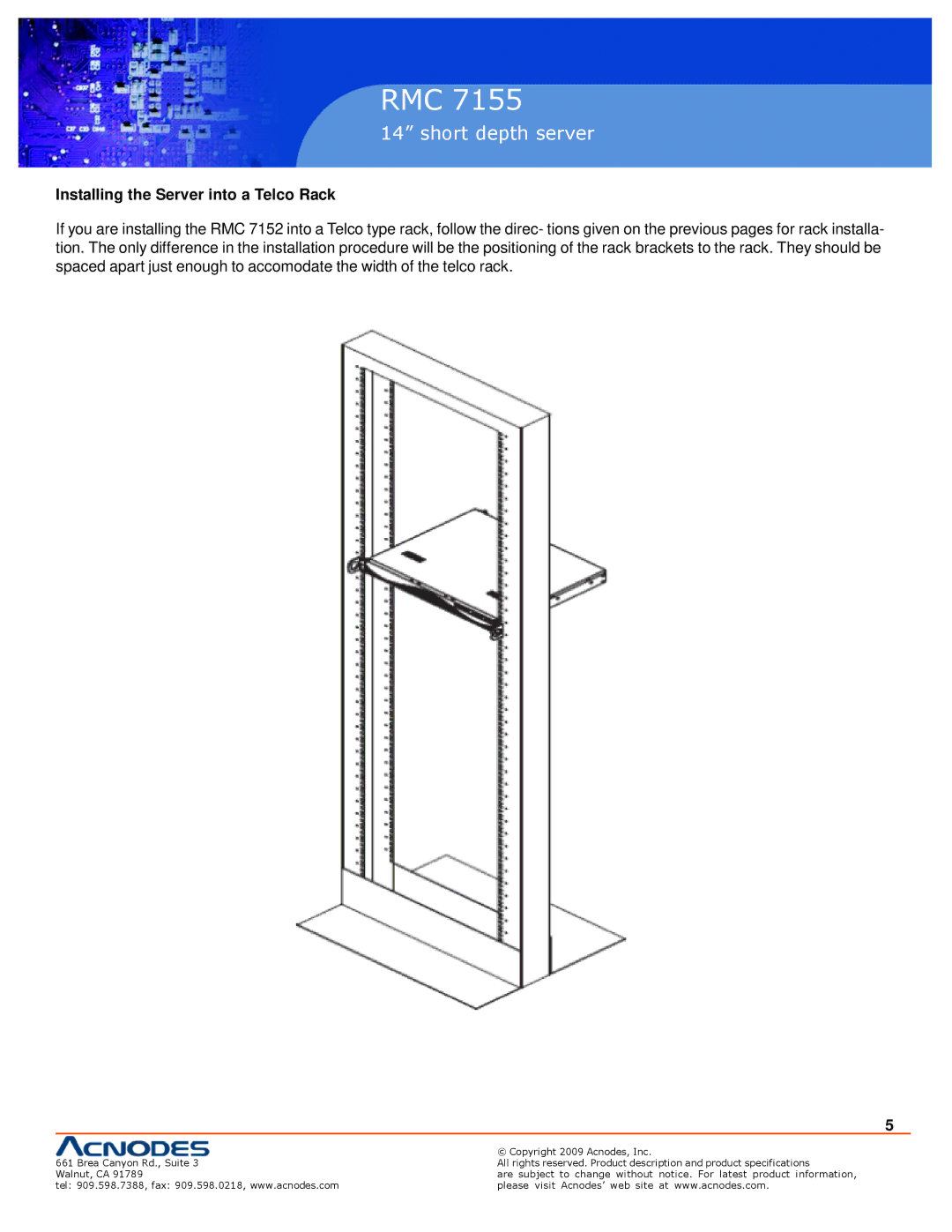 Acnodes PC 5150, RMC 7155 specifications Installing the Server into a Telco Rack 