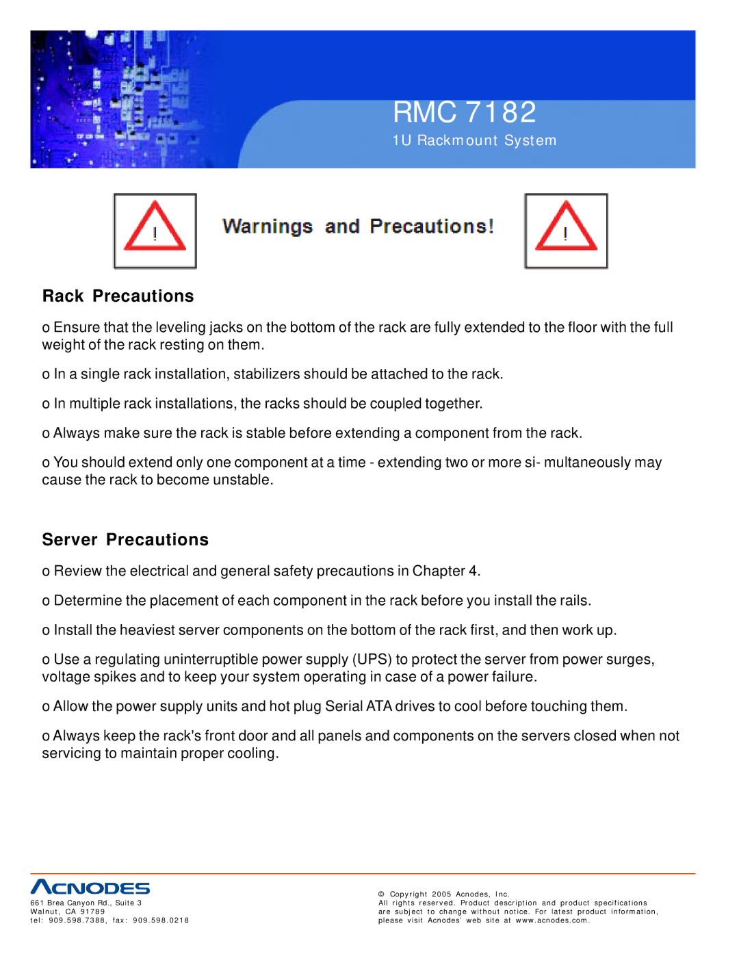 Acnodes RMC 7182 user manual Rack Precautions, Server Precautions 