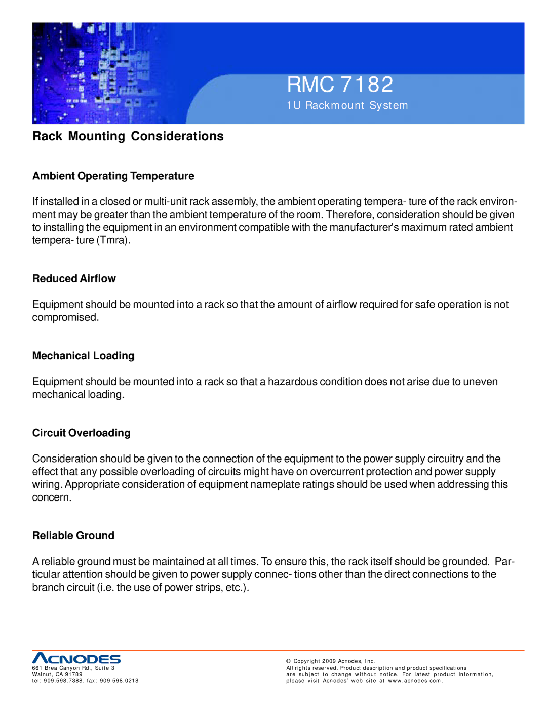 Acnodes RMC 7182 user manual Rack Mounting Considerations 