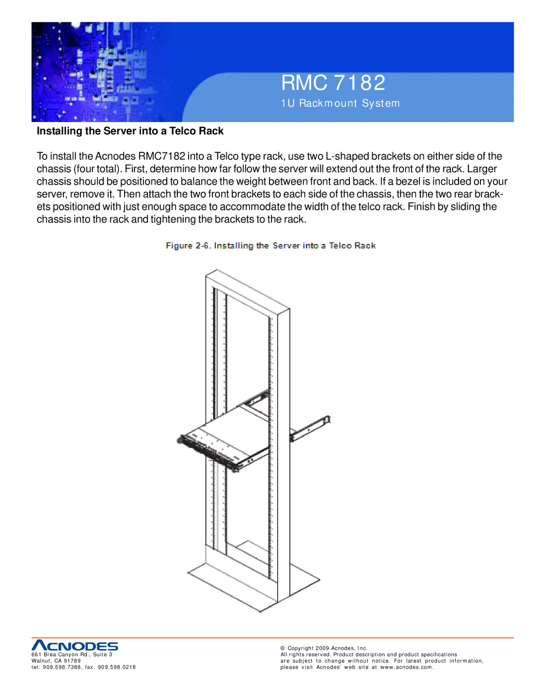 Acnodes RMC 7182 user manual Installing the Server into a Telco Rack 