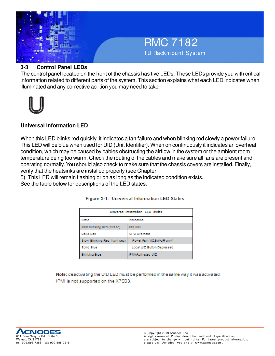 Acnodes RMC 7182 user manual Control Panel LEDs, Universal Information LED 