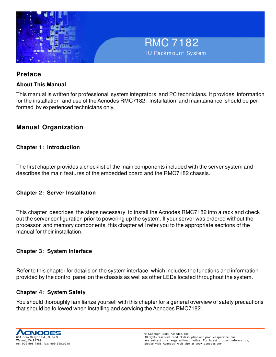 Acnodes RMC 7182 user manual Preface, Manual Organization 