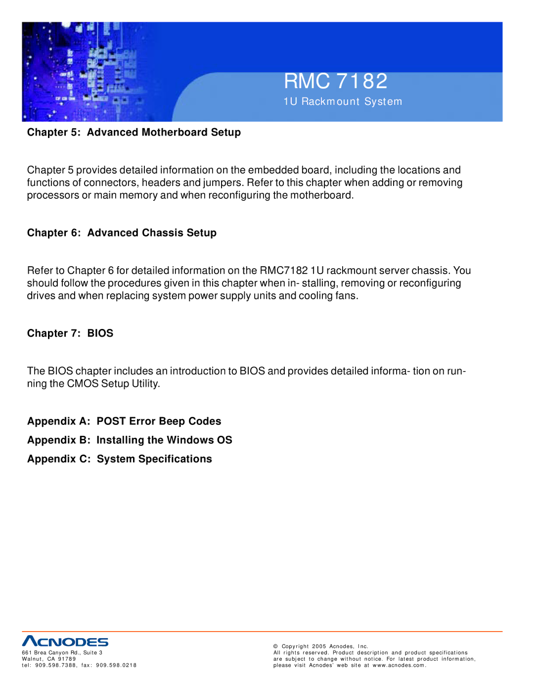 Acnodes RMC 7182 user manual Advanced Motherboard Setup, Advanced Chassis Setup, Bios 