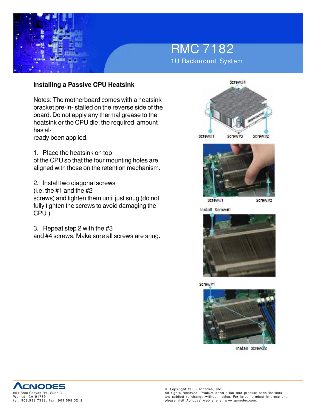 Acnodes RMC 7182 user manual Installing a Passive CPU Heatsink 