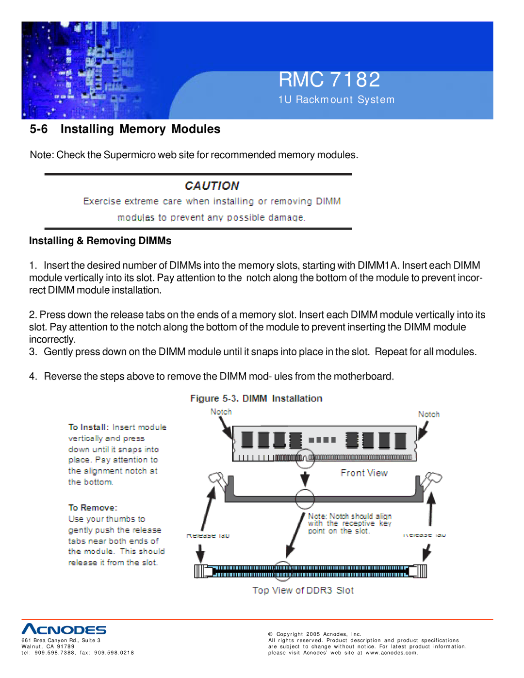 Acnodes RMC 7182 user manual Installing Memory Modules, Installing & Removing DIMMs 