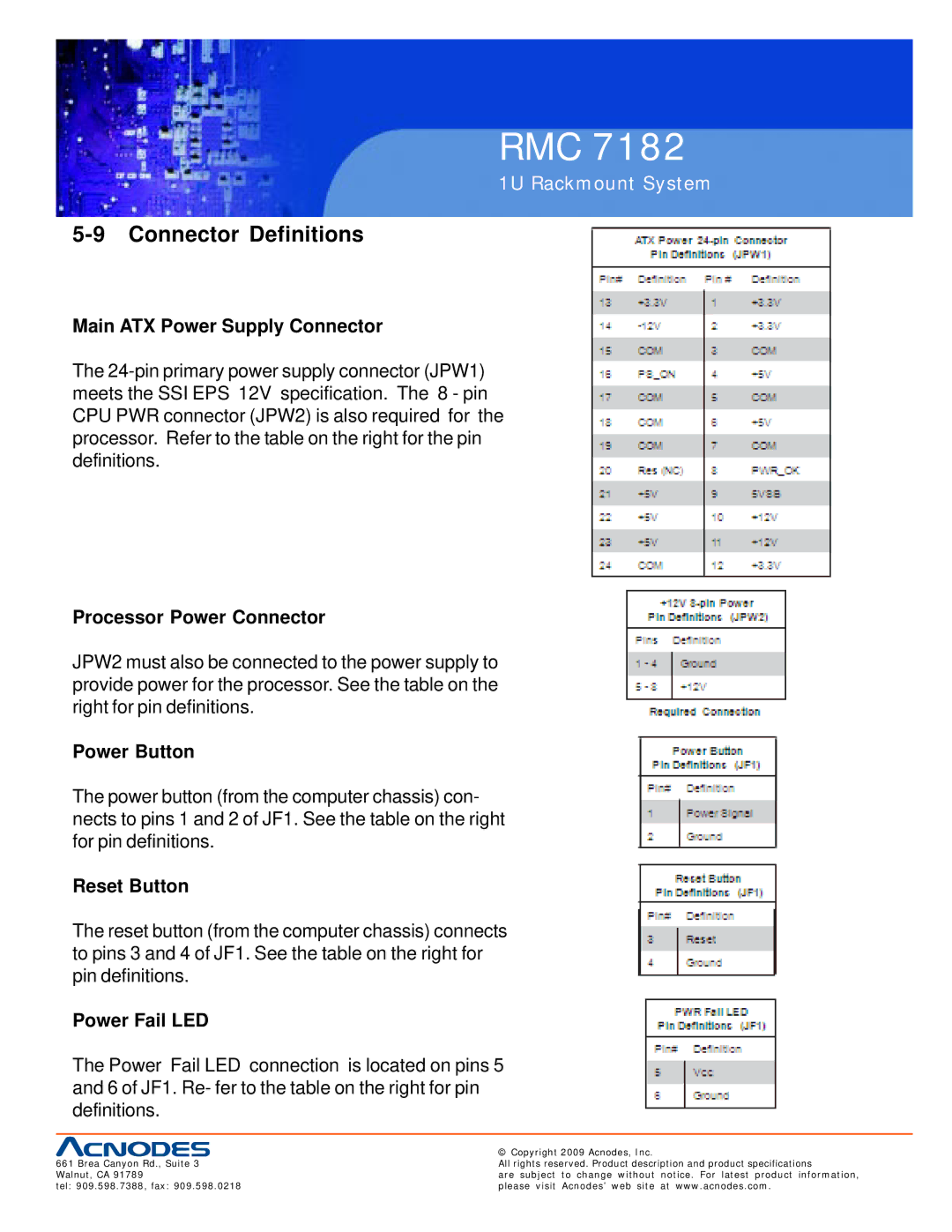 Acnodes RMC 7182 Connector Definitions, Main ATX Power Supply Connector, Processor Power Connector, Power Button 