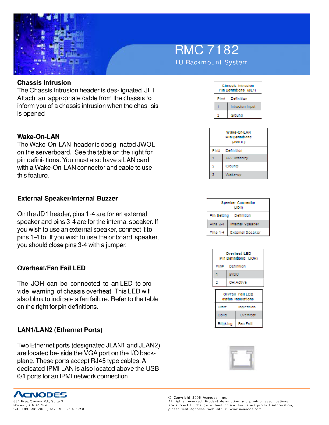 Acnodes RMC 7182 user manual Chassis Intrusion, Wake-On-LAN, External Speaker/Internal Buzzer, Overheat/Fan Fail LED 