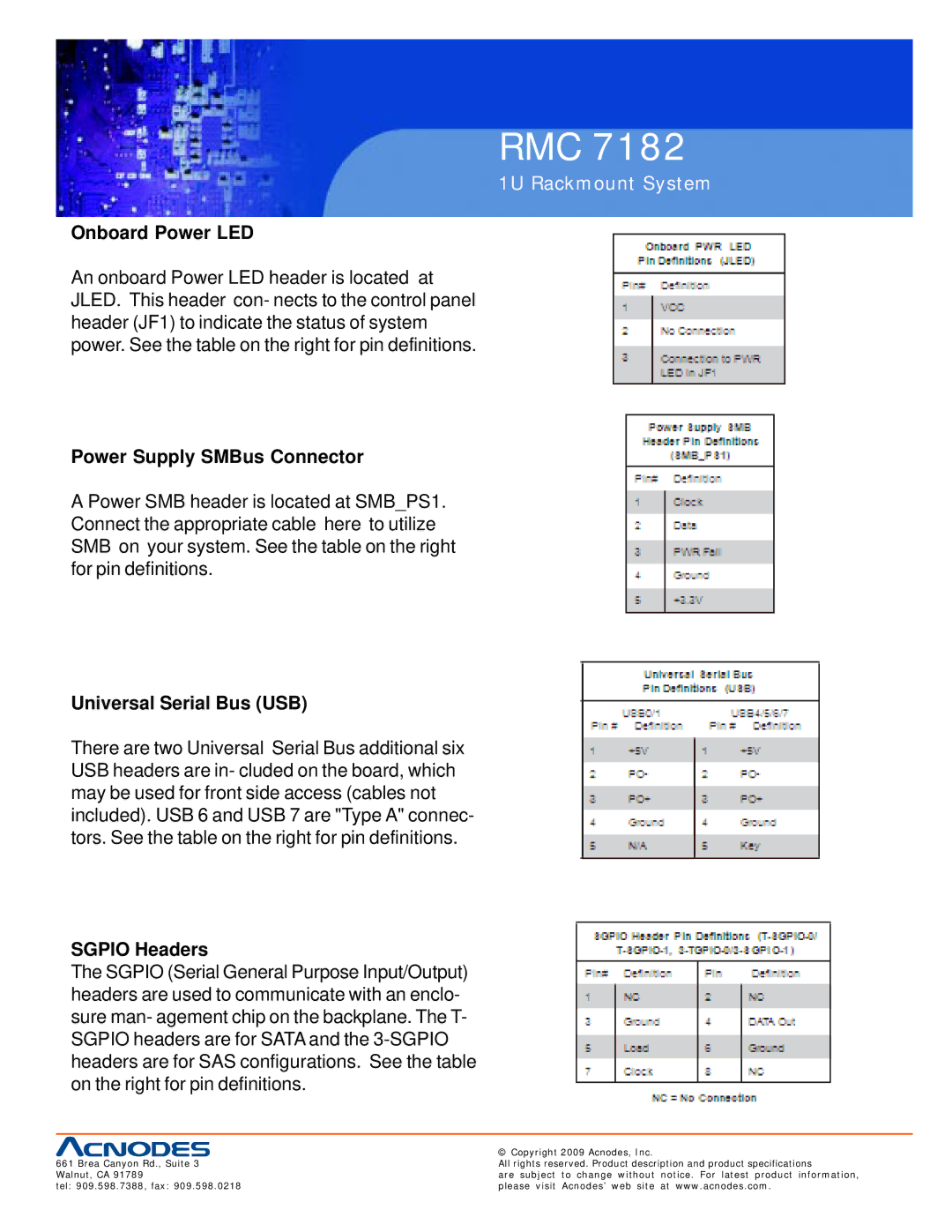 Acnodes RMC 7182 user manual Onboard Power LED, Power Supply SMBus Connector, Universal Serial Bus USB, Sgpio Headers 