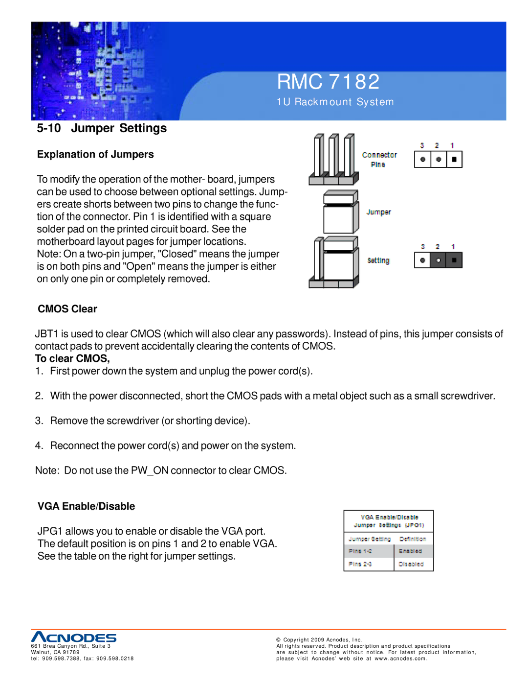 Acnodes RMC 7182 user manual Jumper Settings, Explanation of Jumpers, Cmos Clear, To clear Cmos, VGA Enable/Disable 