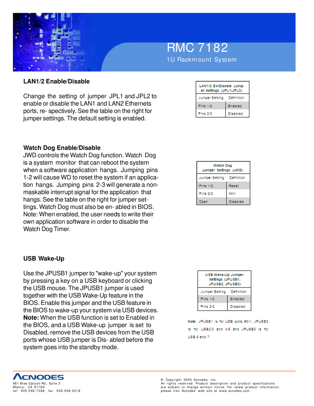 Acnodes RMC 7182 user manual LAN1/2 Enable/Disable, Watch Dog Enable/Disable, USB Wake-Up 