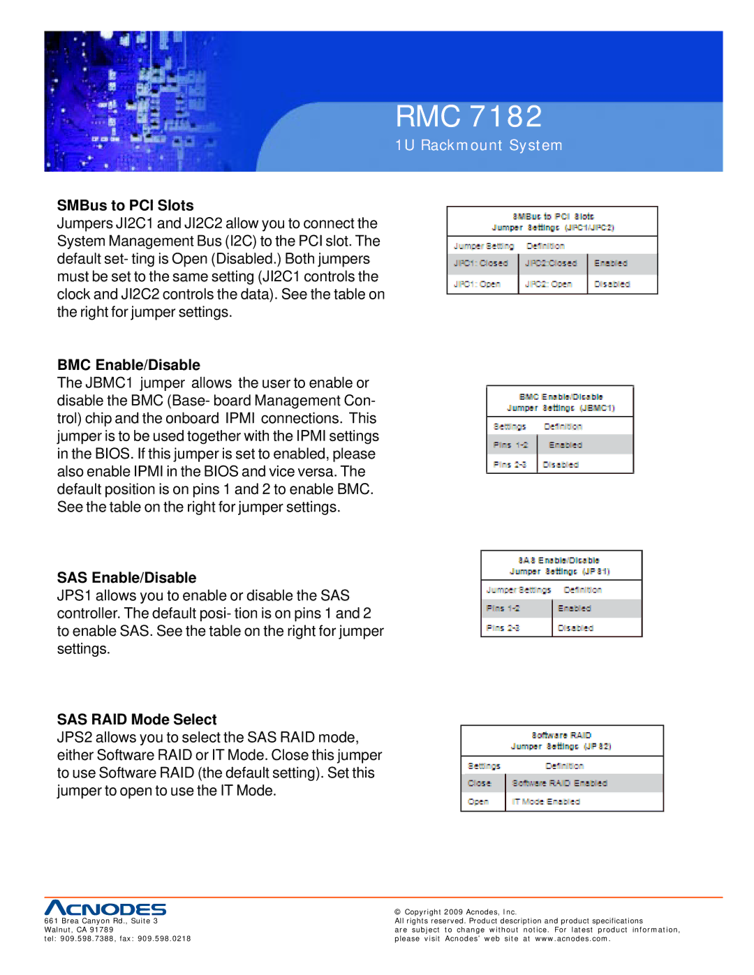 Acnodes RMC 7182 user manual SMBus to PCI Slots, BMC Enable/Disable, SAS Enable/Disable, SAS RAID Mode Select 