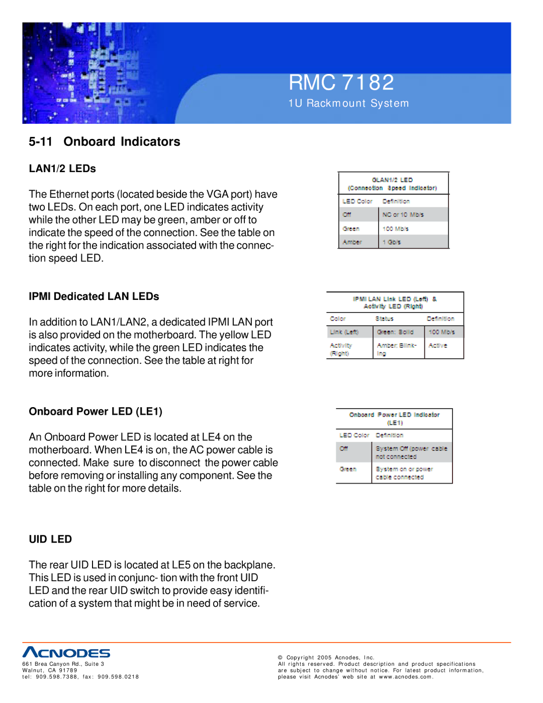 Acnodes RMC 7182 user manual Onboard Indicators, LAN1/2 LEDs, Ipmi Dedicated LAN LEDs, Onboard Power LED LE1 