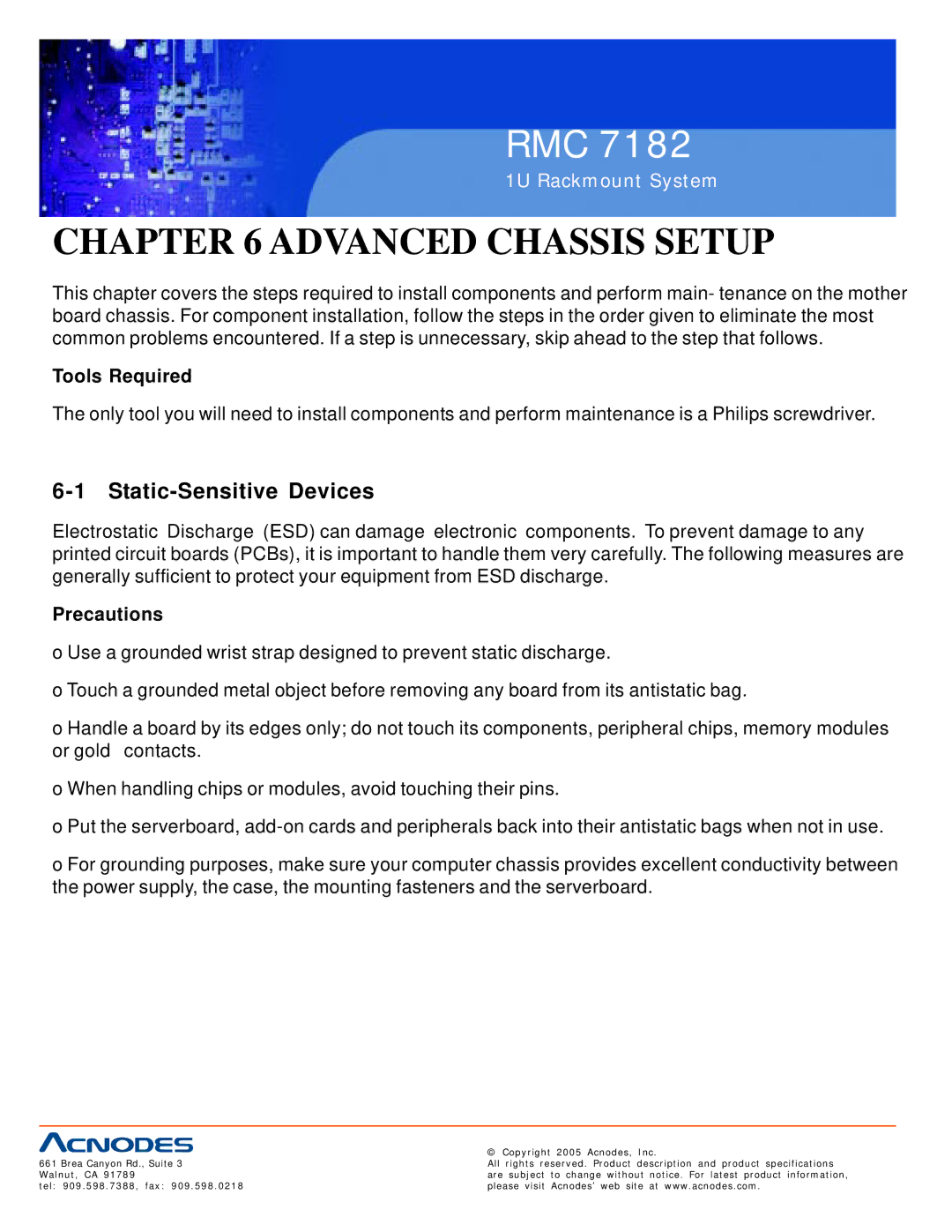 Acnodes RMC 7182 user manual Static-Sensitive Devices, Tools Required 