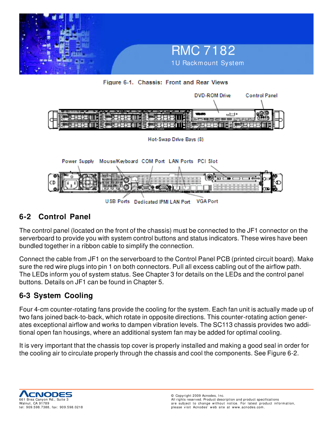 Acnodes RMC 7182 user manual Control Panel, System Cooling 