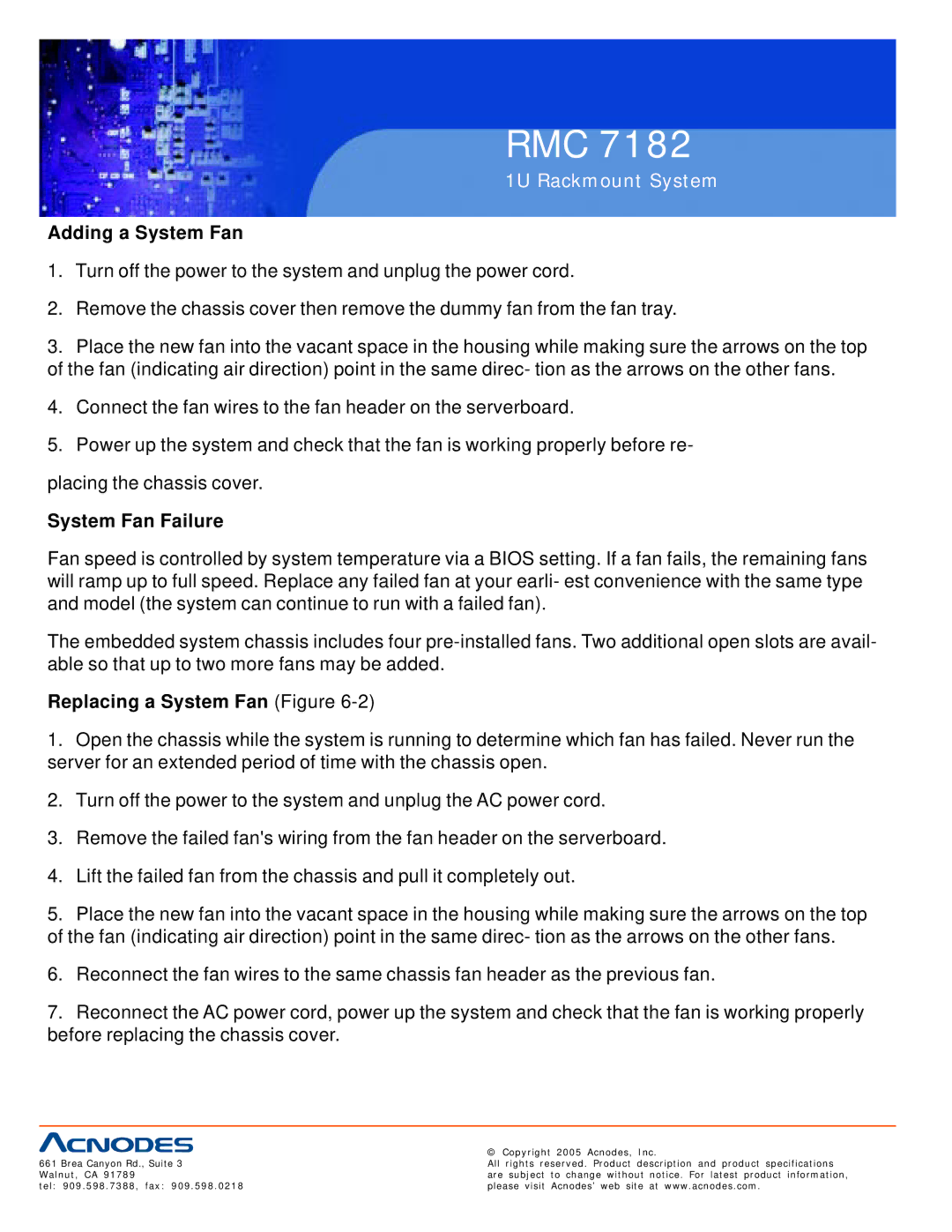 Acnodes RMC 7182 user manual Adding a System Fan, System Fan Failure, Replacing a System Fan Figure 