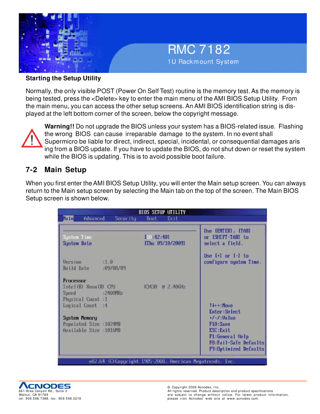 Acnodes RMC 7182 user manual Main Setup, Starting the Setup Utility 