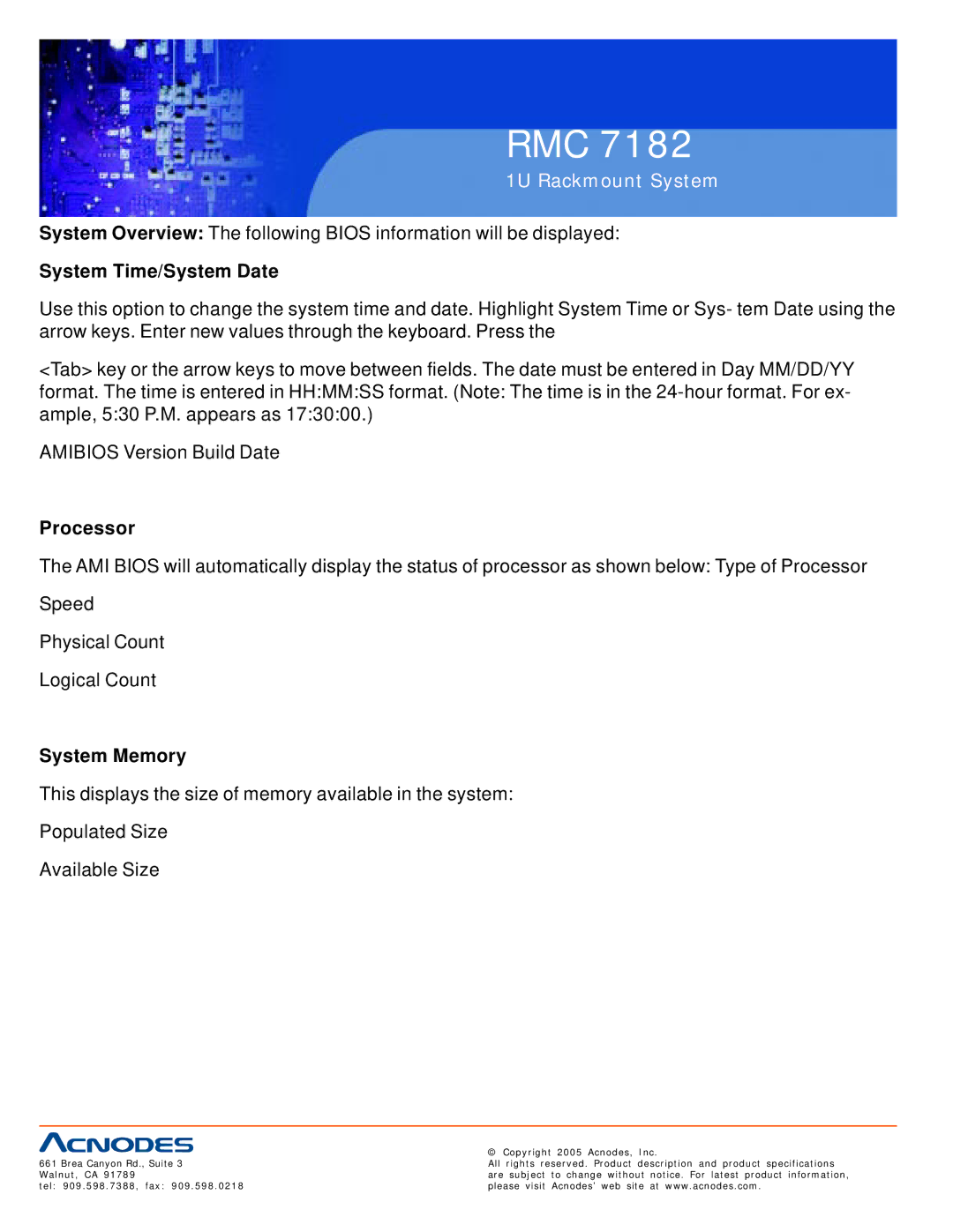 Acnodes RMC 7182 user manual System Time/System Date, System Memory 