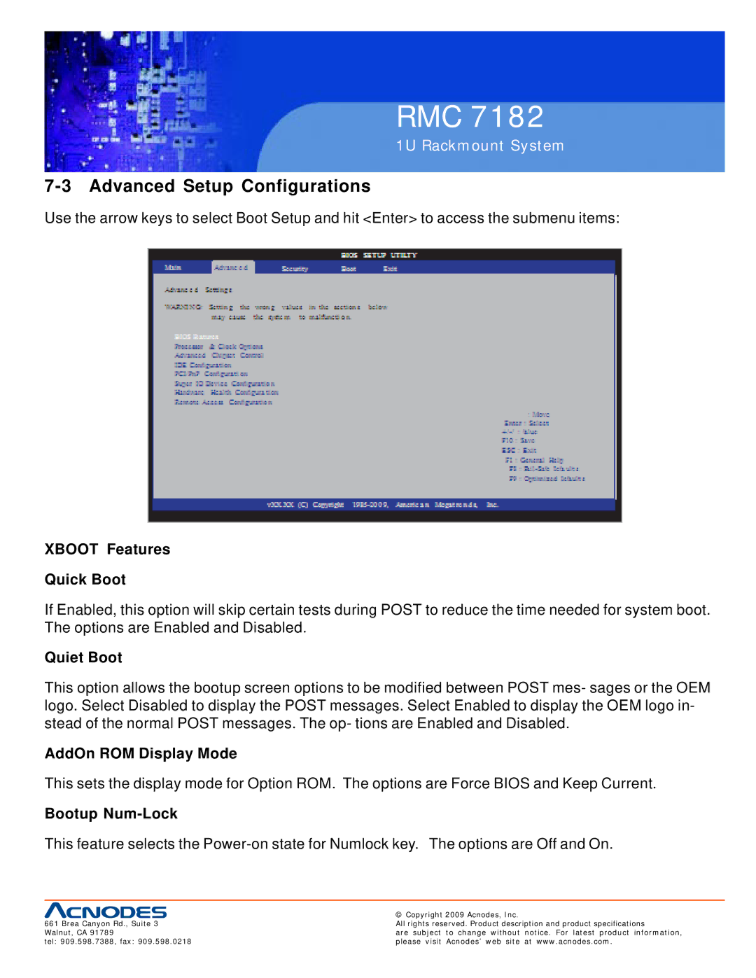 Acnodes RMC 7182 user manual Advanced Setup Configurations, Xboot Features Quick Boot, Quiet Boot, AddOn ROM Display Mode 