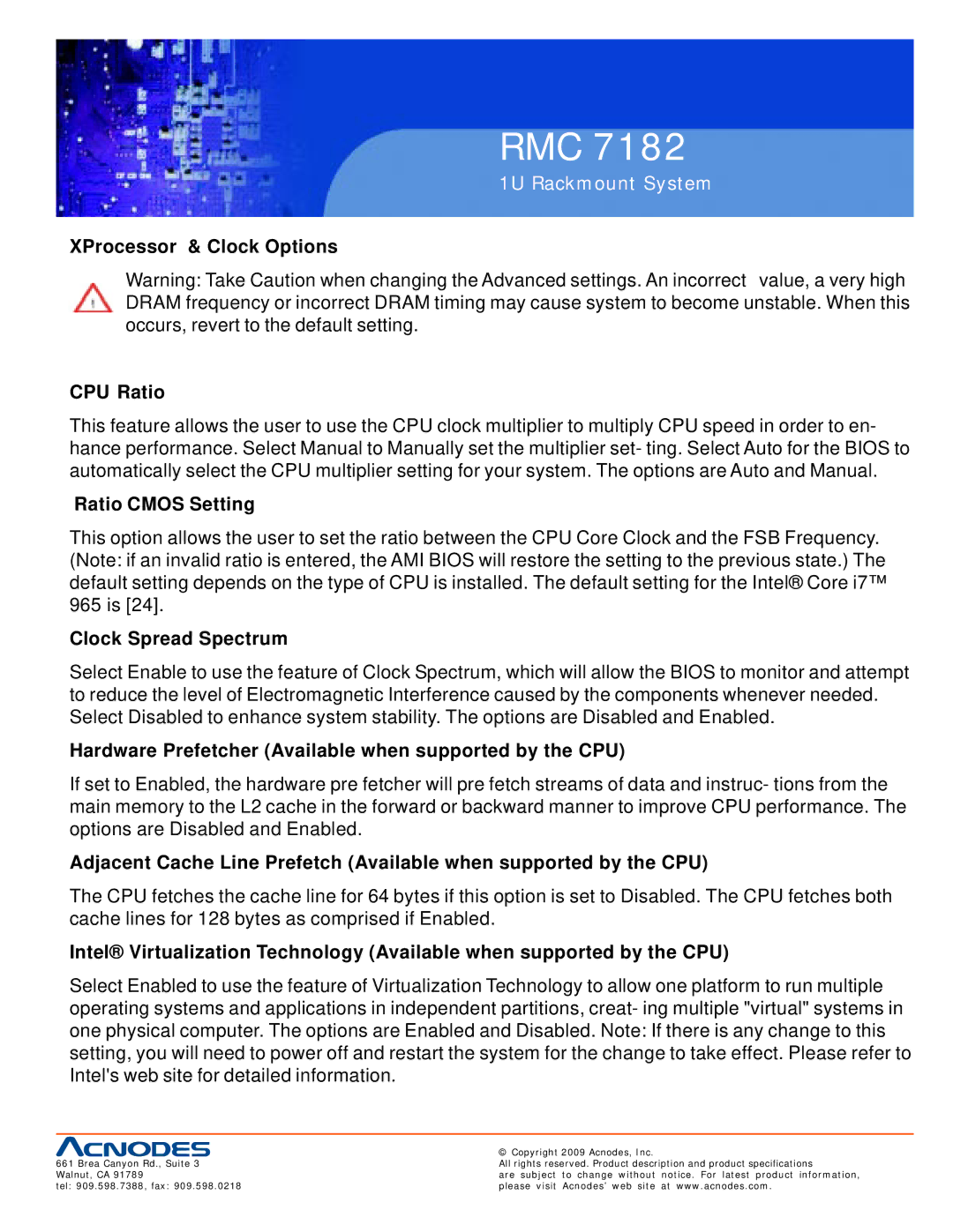 Acnodes RMC 7182 user manual XProcessor & Clock Options CPU Ratio, Ratio Cmos Setting, Clock Spread Spectrum 