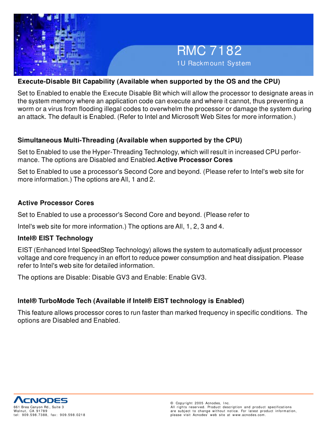 Acnodes RMC 7182 user manual Active Processor Cores, Intel Eist Technology 