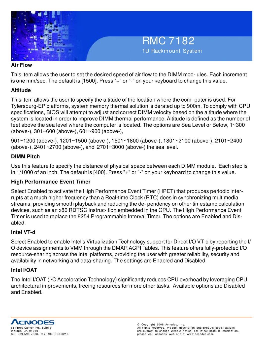 Acnodes RMC 7182 user manual Air Flow, Altitude, Dimm Pitch, High Performance Event Timer, Intel VT-d, Intel I/OAT 