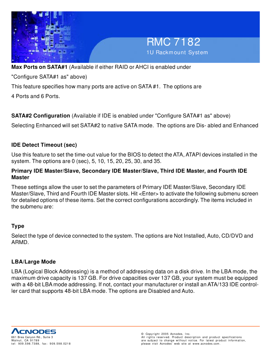 Acnodes RMC 7182 user manual IDE Detect Timeout sec, Type, LBA/Large Mode 