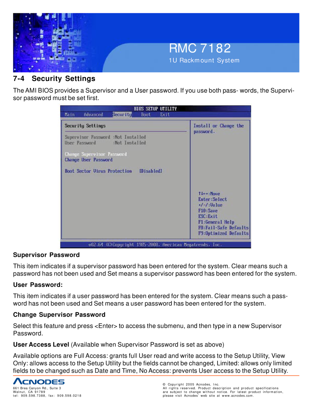 Acnodes RMC 7182 user manual Security Settings, User Password, Change Supervisor Password 