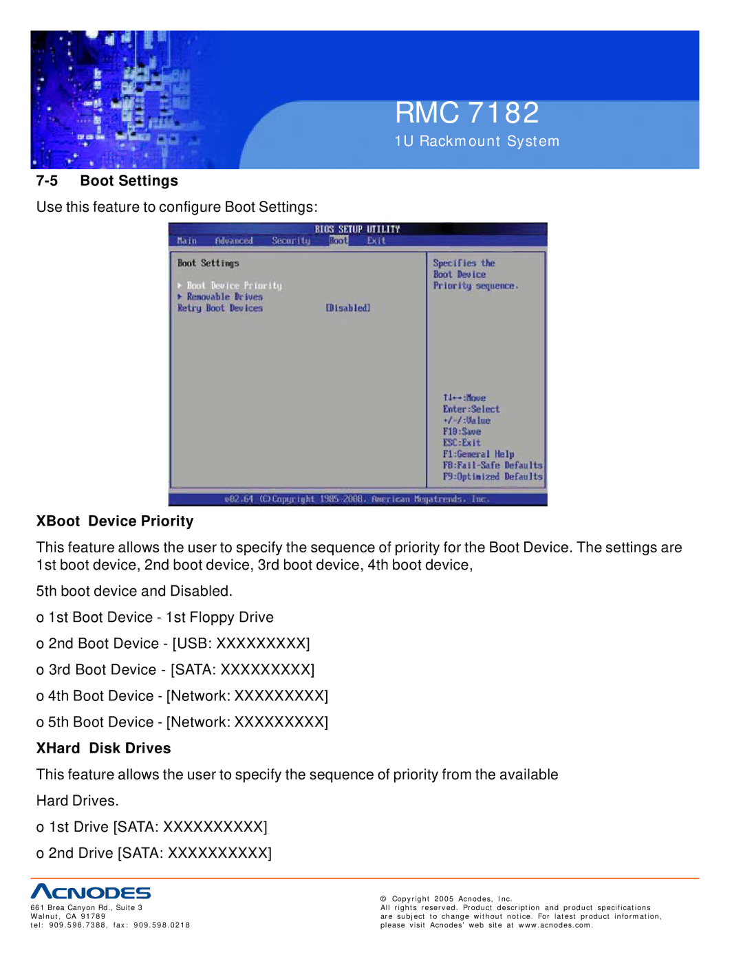 Acnodes RMC 7182 user manual Boot Settings, XBoot Device Priority, XHard Disk Drives 