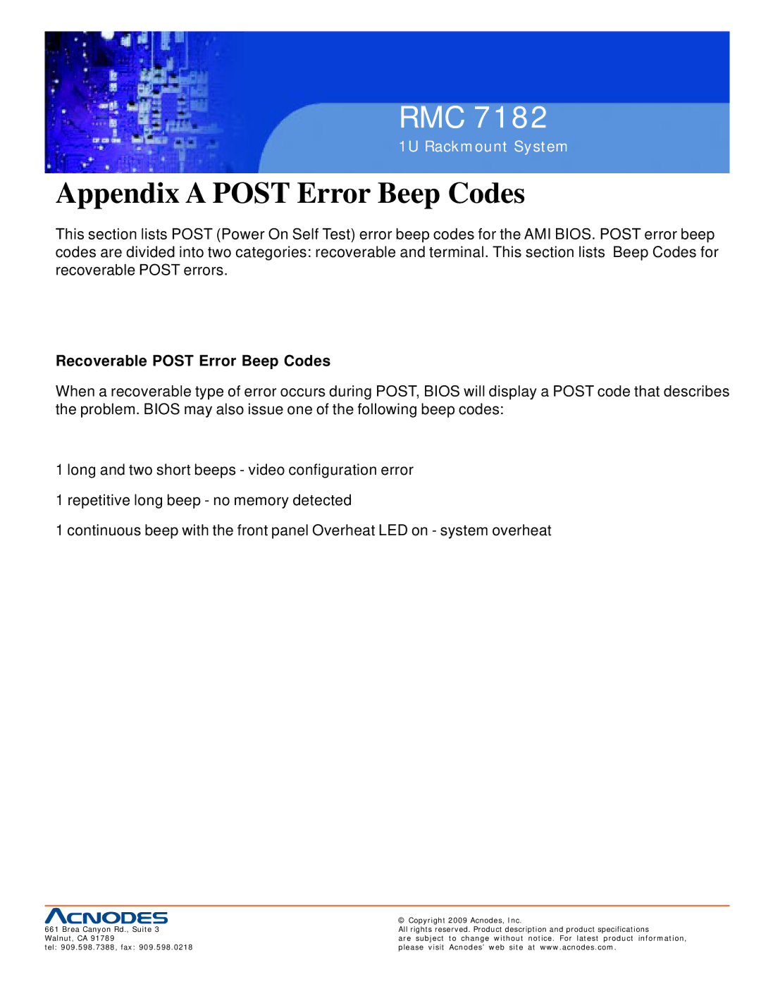 Acnodes RMC 7182 user manual Appendix a Post Error Beep Codes, Recoverable Post Error Beep Codes 