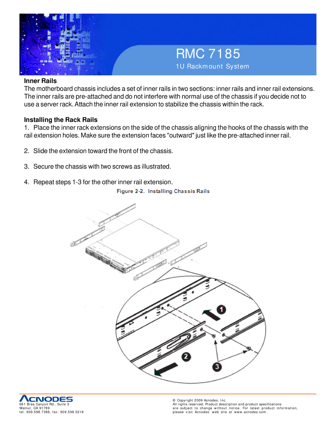 Acnodes RMC 7185 specifications Inner Rails, Installing the Rack Rails 