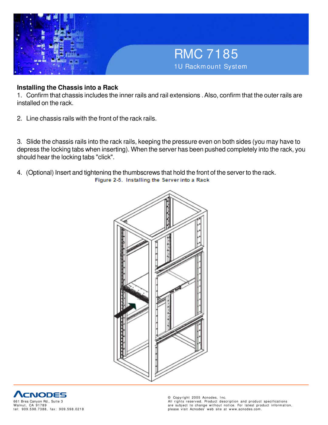 Acnodes RMC 7185 specifications Installing the Chassis into a Rack 