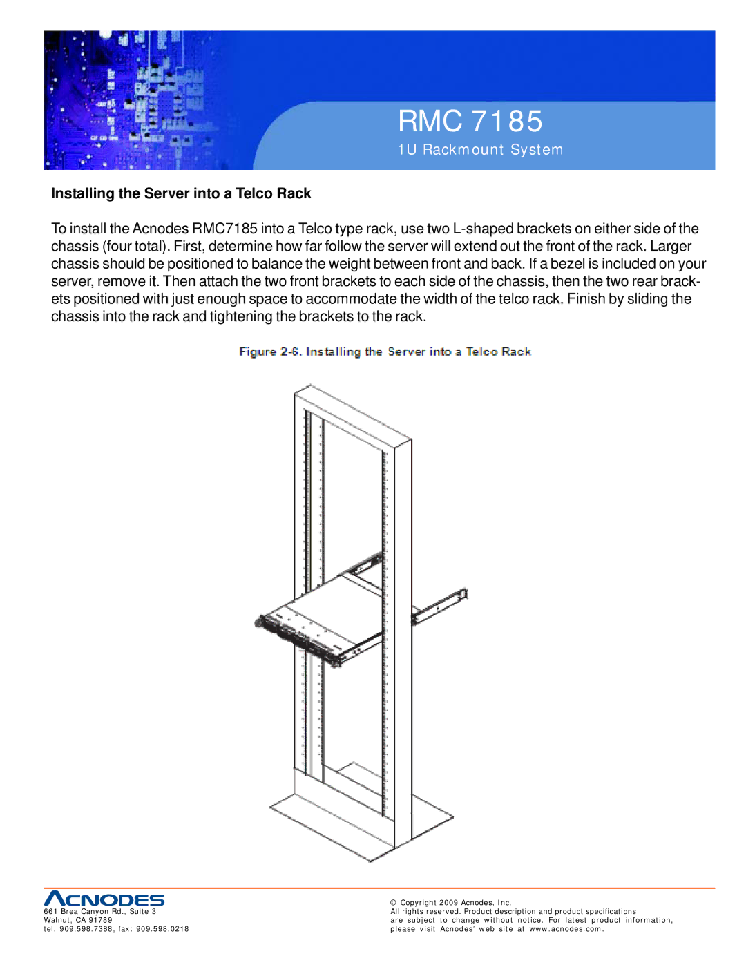 Acnodes RMC 7185 specifications Installing the Server into a Telco Rack 