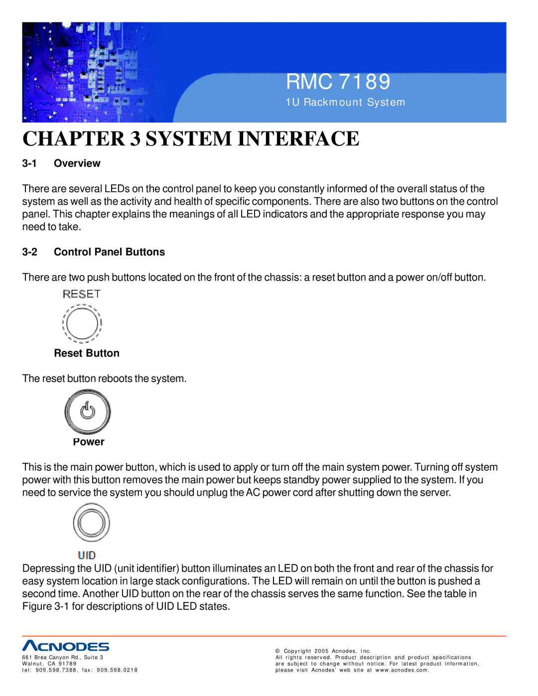 Acnodes RMC 7189 user manual Control Panel Buttons, Reset Button, Power 