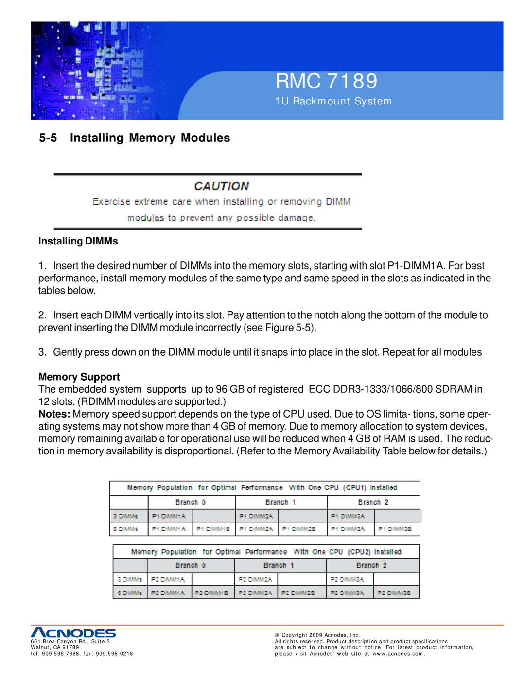 Acnodes RMC 7189 user manual Installing Memory Modules, Installing DIMMs, Memory Support 