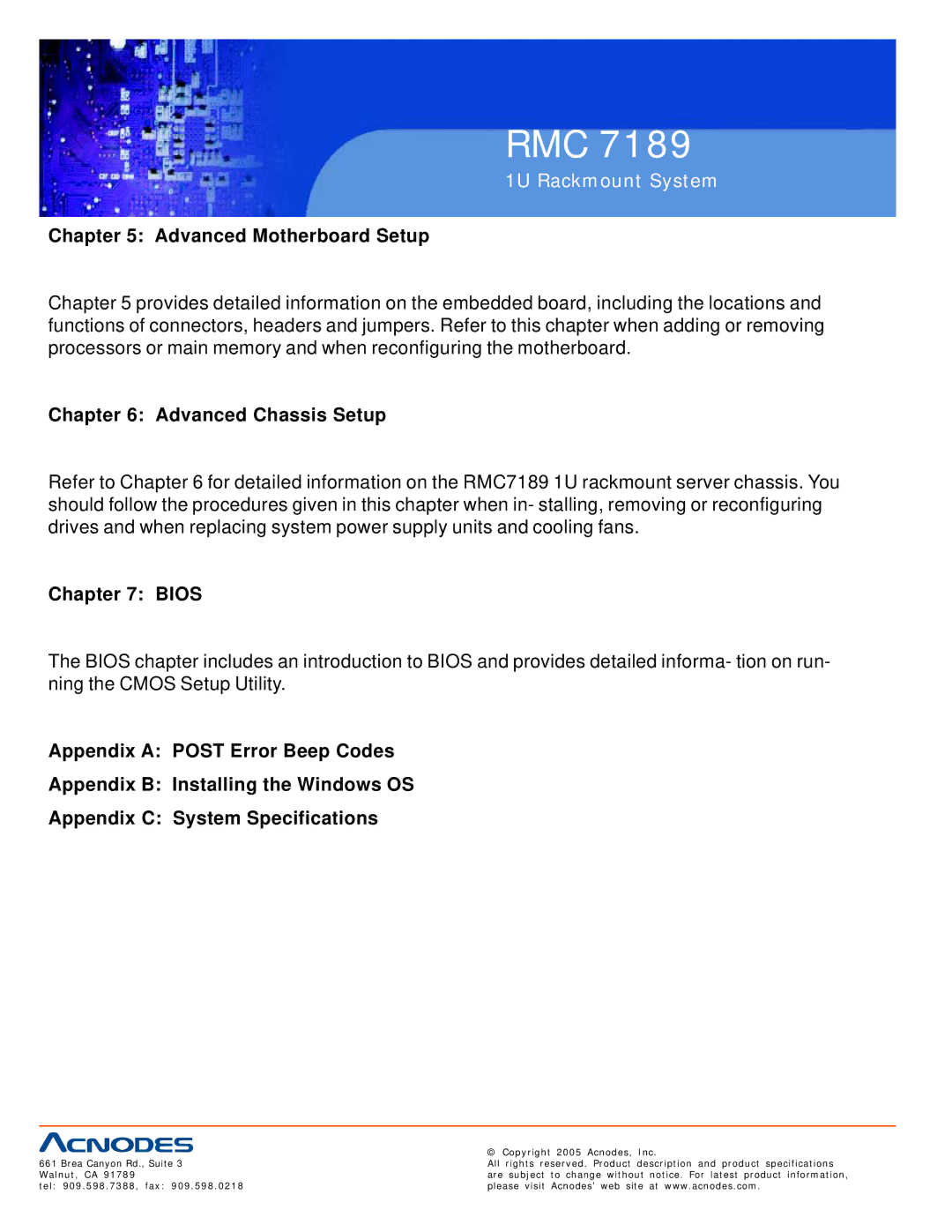 Acnodes RMC 7189 user manual Advanced Motherboard Setup, Advanced Chassis Setup, Bios 