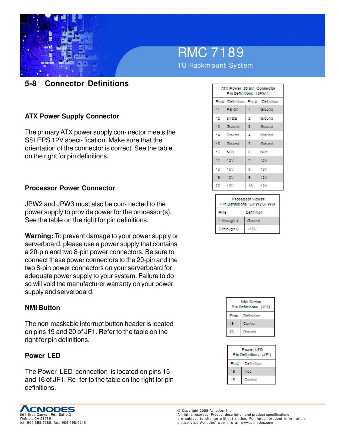 Acnodes RMC 7189 Connector Definitions, ATX Power Supply Connector, Processor Power Connector, NMI Button, Power LED 