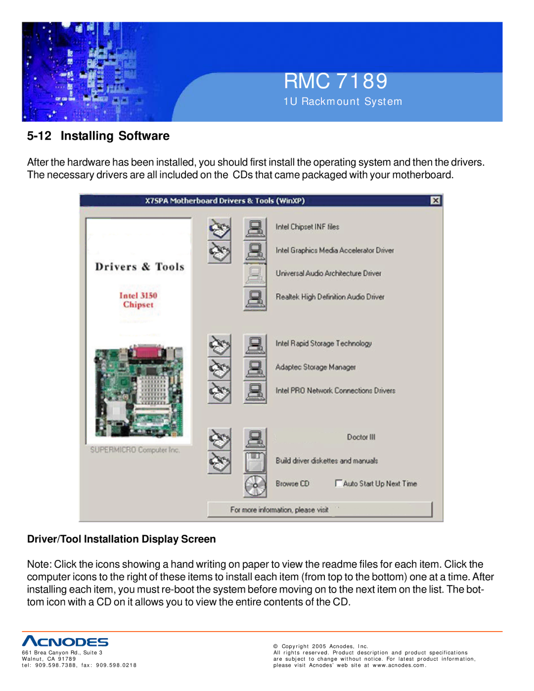 Acnodes RMC 7189 user manual Installing Software, Driver/Tool Installation Display Screen 