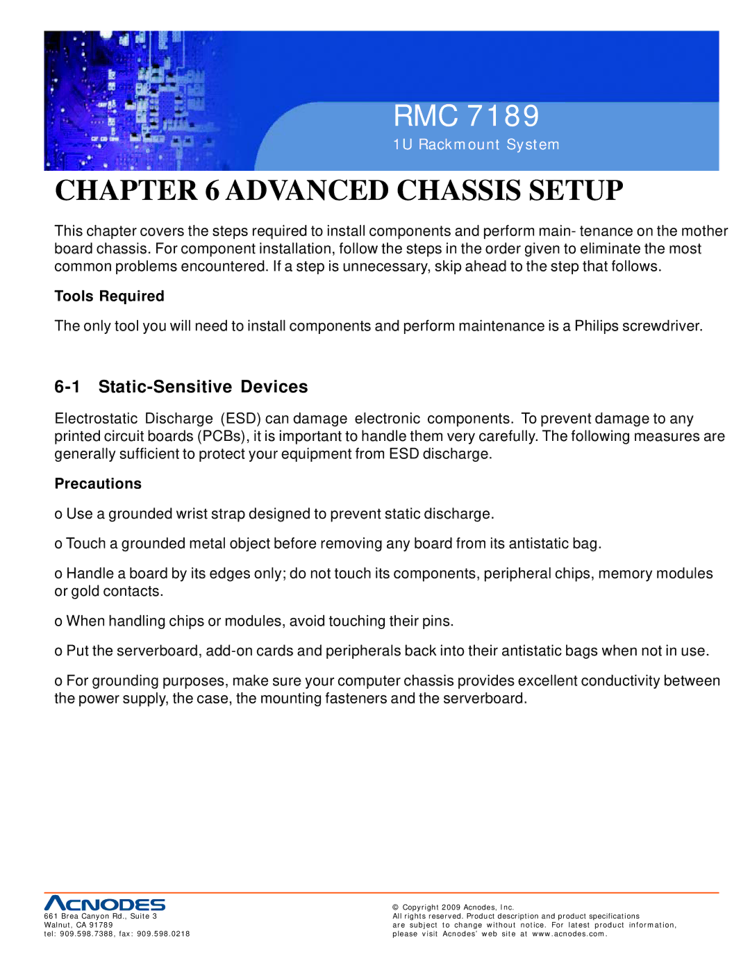 Acnodes RMC 7189 user manual Static-Sensitive Devices, Tools Required 