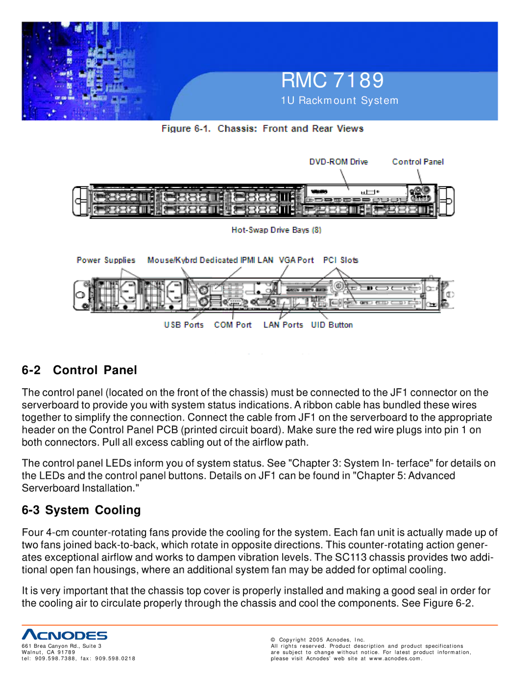 Acnodes RMC 7189 user manual Control Panel, System Cooling 