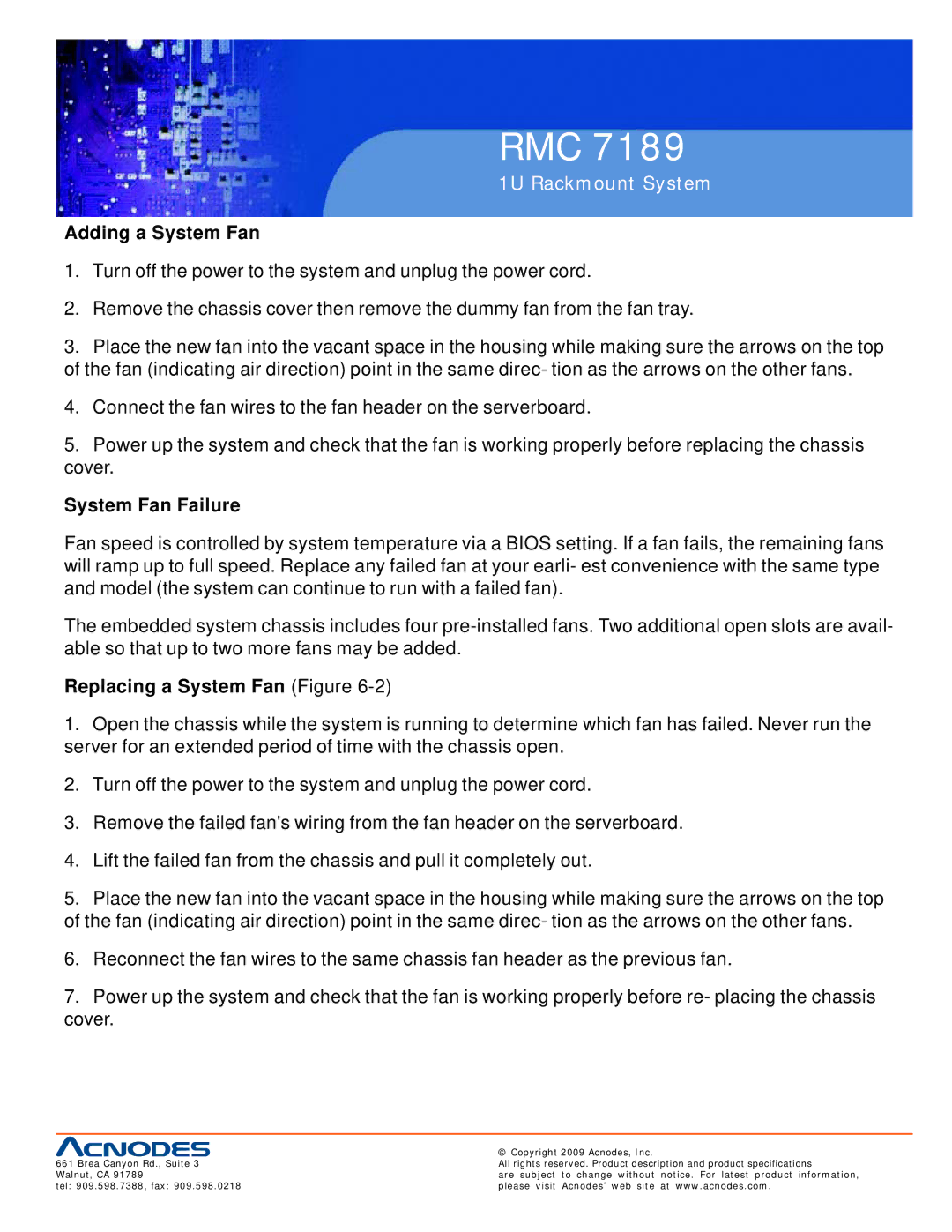 Acnodes RMC 7189 user manual Adding a System Fan, System Fan Failure, Replacing a System Fan Figure 