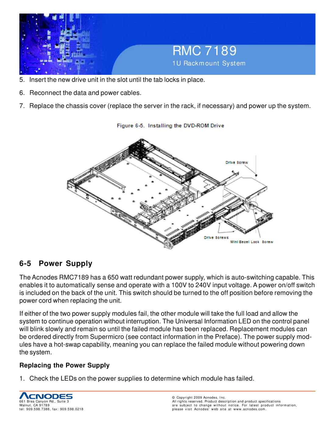 Acnodes RMC 7189 user manual Replacing the Power Supply 