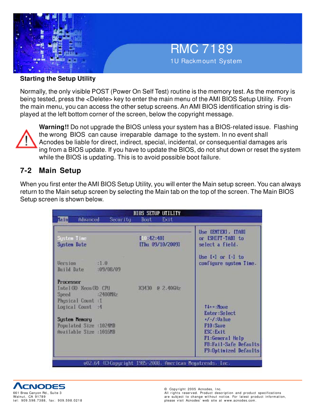 Acnodes RMC 7189 user manual Main Setup, Starting the Setup Utility 