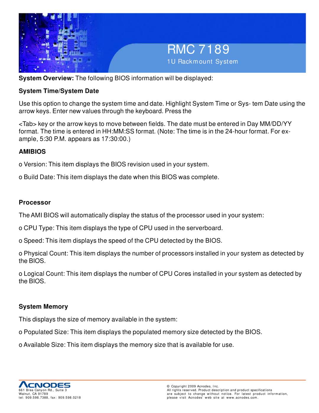 Acnodes RMC 7189 user manual System Time/System Date, System Memory 