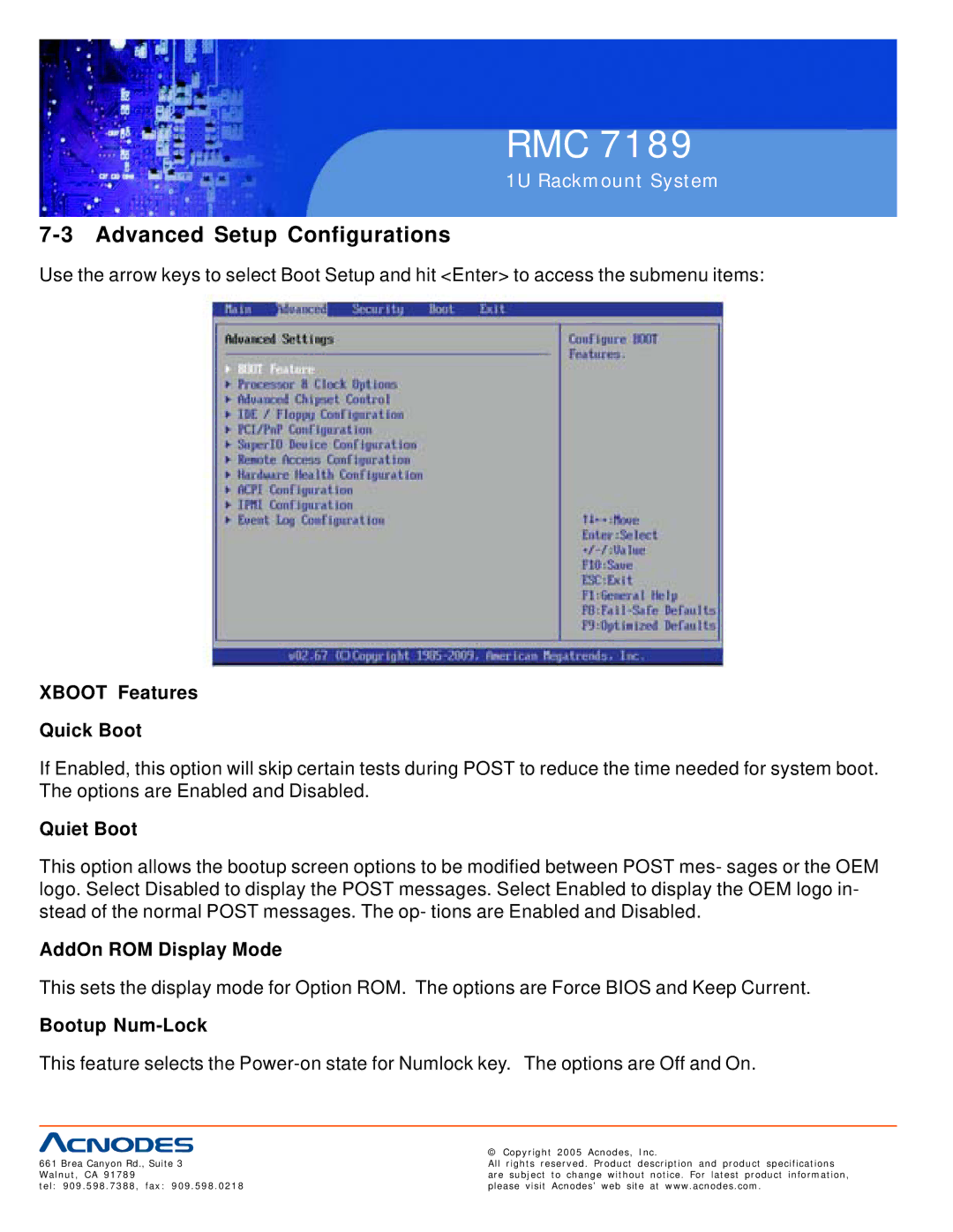 Acnodes RMC 7189 user manual Advanced Setup Configurations, Xboot Features Quick Boot, Quiet Boot, AddOn ROM Display Mode 