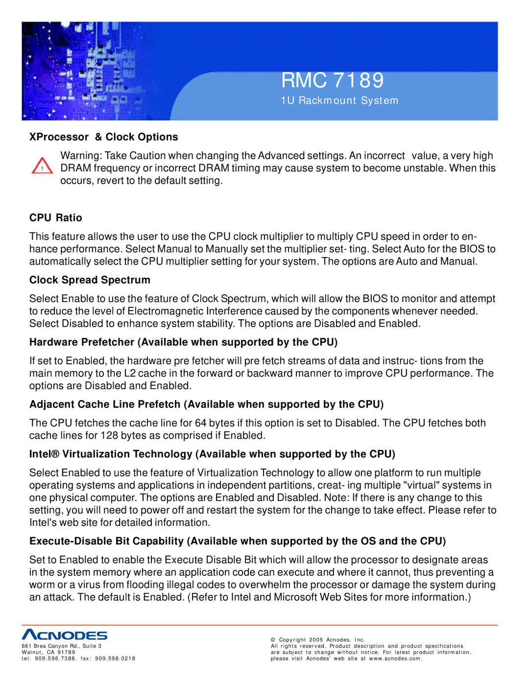 Acnodes RMC 7189 user manual XProcessor & Clock Options CPU Ratio, Clock Spread Spectrum 
