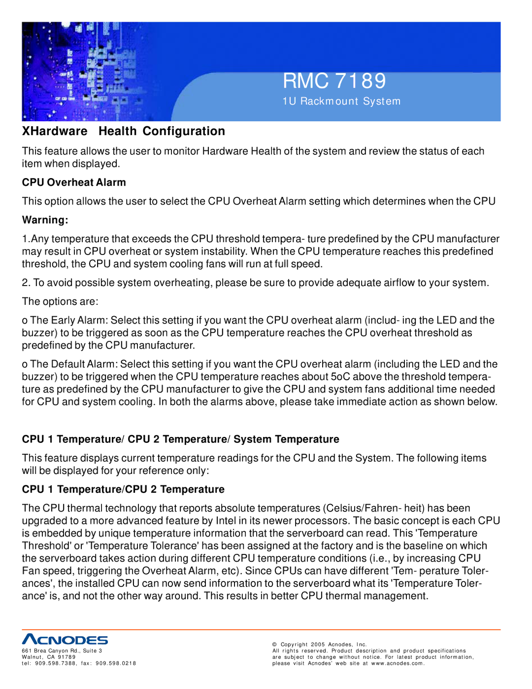 Acnodes RMC 7189 user manual XHardware Health Configuration, CPU Overheat Alarm, CPU 1 Temperature/CPU 2 Temperature 
