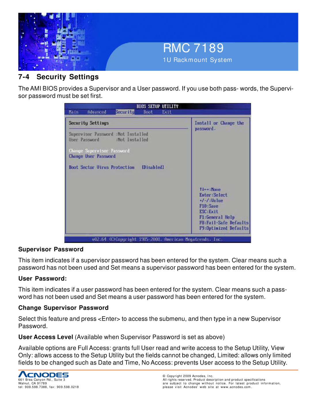 Acnodes RMC 7189 user manual Security Settings, User Password, Change Supervisor Password 