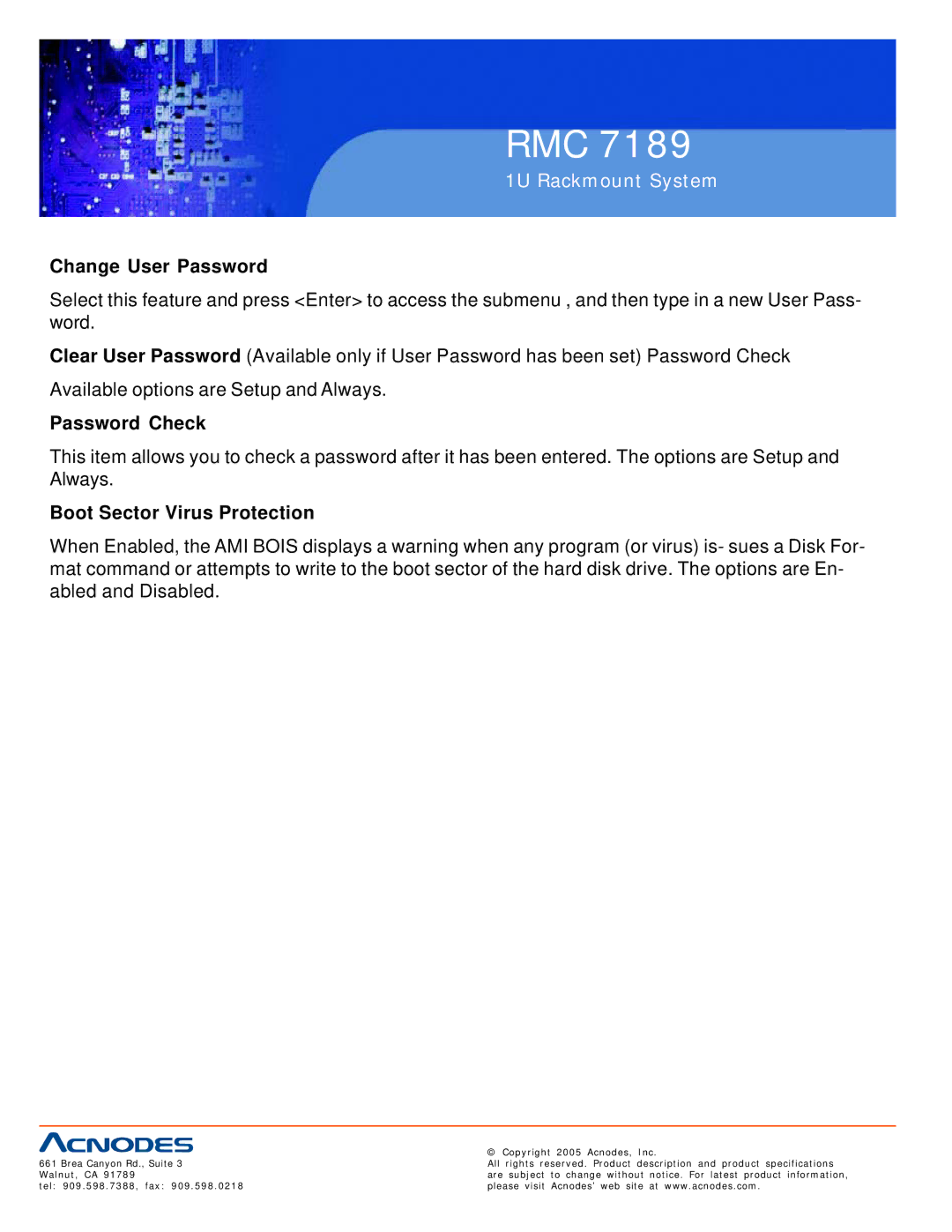 Acnodes RMC 7189 user manual Change User Password, Password Check, Boot Sector Virus Protection 
