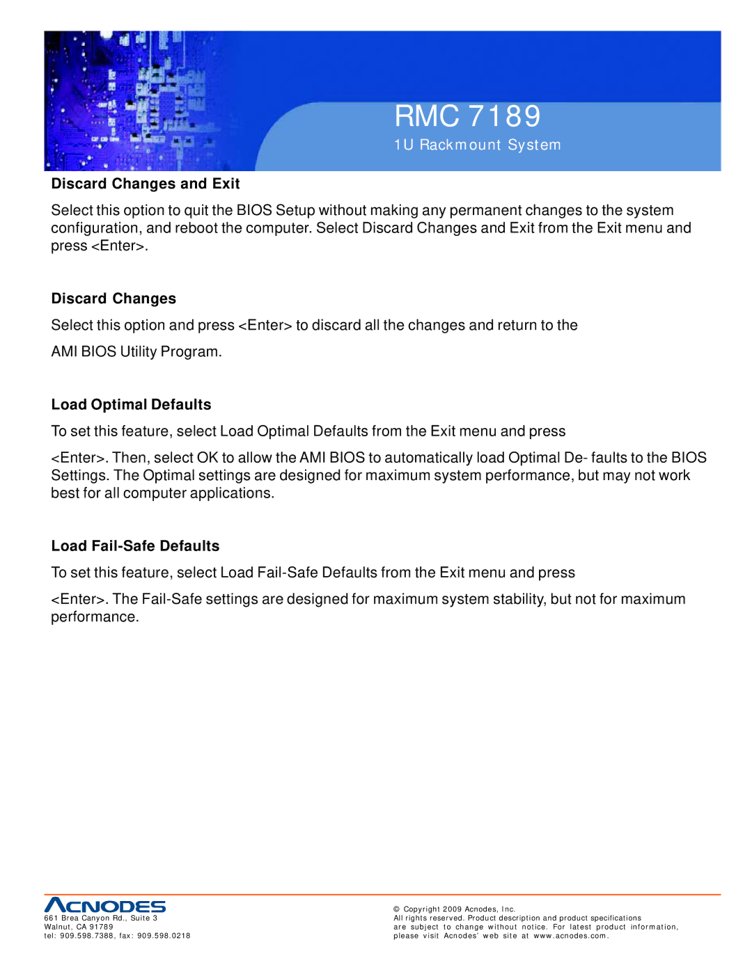Acnodes RMC 7189 user manual Discard Changes and Exit, Load Optimal Defaults, Load Fail-Safe Defaults 